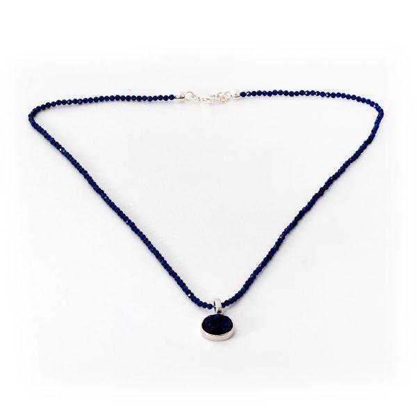 Synthetischer Saphir Kristall-Geode blau Silber Halskette